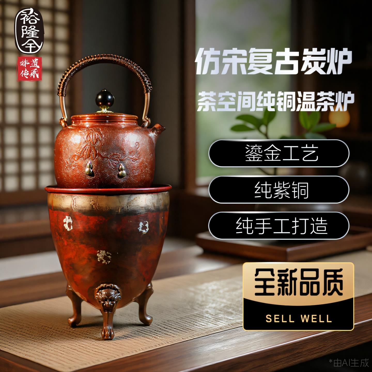 裕隆全纯手工仿古鎏金温茶炉纯铜功夫茶器具茶道配件炭炉风炉火钵