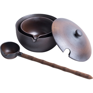 茶道煮茶器功夫茶具 手工柴烧碗勺家用黑檀木拼接手柄分茶勺日式