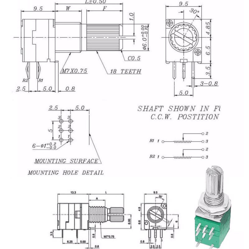 RV097NS双联电位器 B1K B10K B50K 8脚带开关 音响功放密封电位器