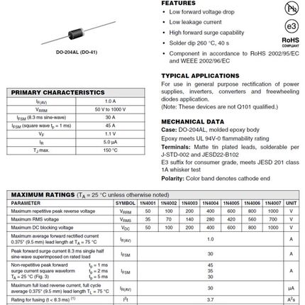 原装正品 ON安森美 1N4007TR 高速 整流二极管 1A 1000V 排带铜脚
