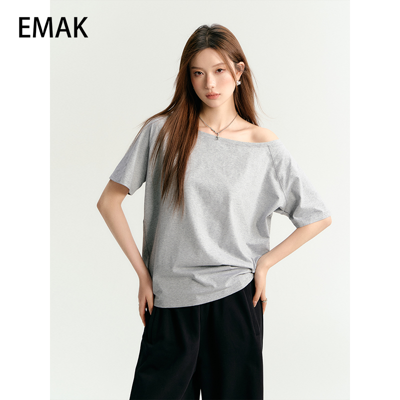 EMAK美式斜肩一字肩两穿T恤女