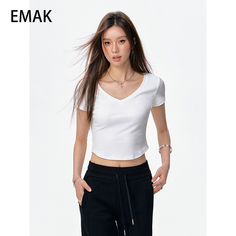 EMAK正肩V领T恤女修身简约短袖白