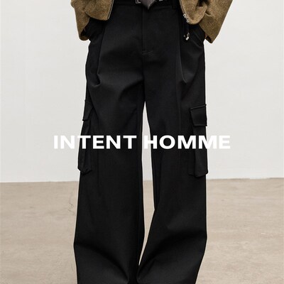 INTENT 立体口袋工装西裤/打褶设计秋冬重磅挺阔A型宽松直筒长裤
