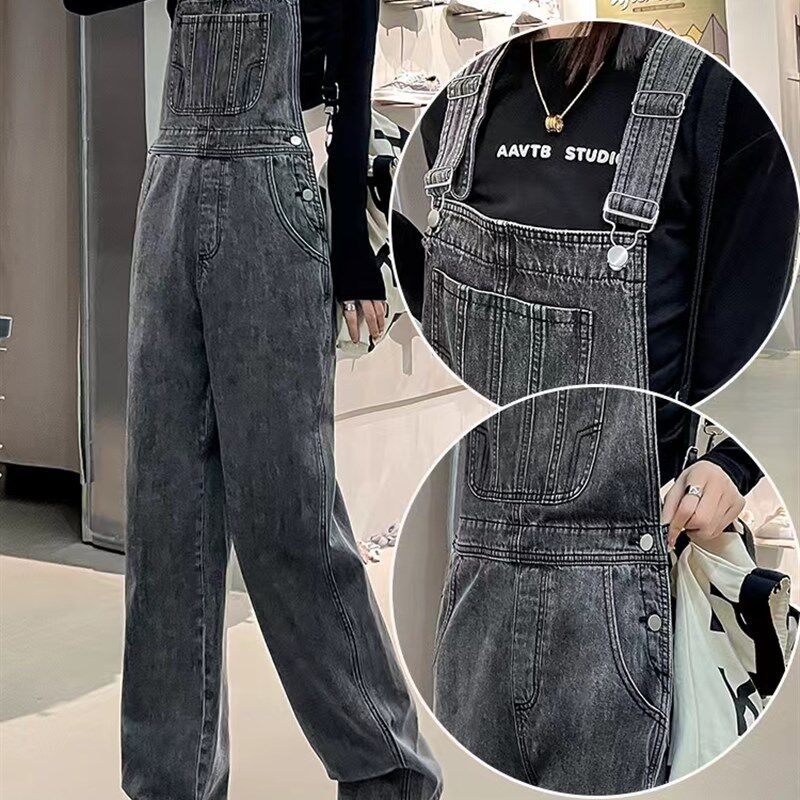 烟灰色牛仔背带裤女春秋新款气质减龄宽松遮O肉直筒阔腿拖地连体