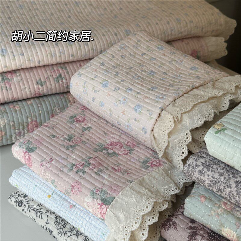 韩国大鹅全棉双层纱布床盖三件套小碎花蕾丝花边绗缝夹棉防滑床单