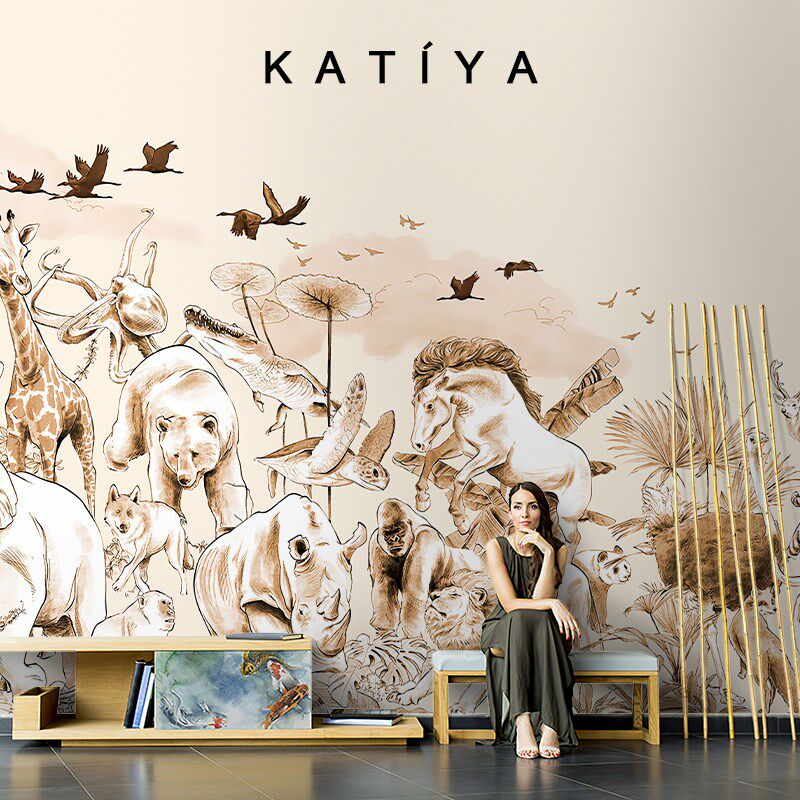 Katiya儿童房手绘动物卡通环保墙布装饰房间定制壁画卧室客厅壁纸