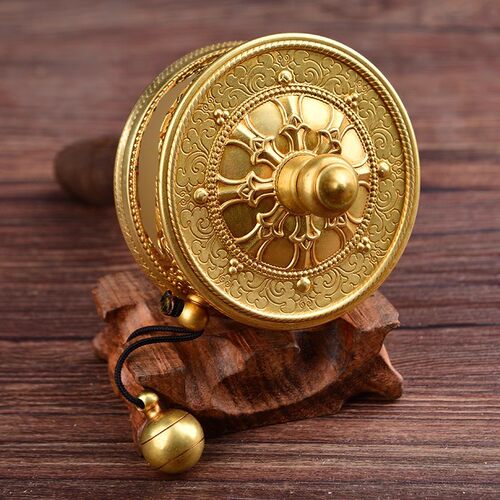 家用亚青手摇h转金轮转金摆件客厅手摇纯铜单层金色转金桶筒小号