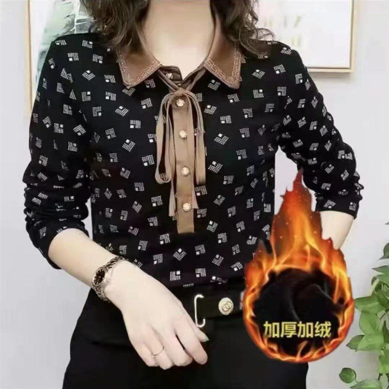 衬衫领加绒打底衫女秋冬新款飘带A百搭洋气T恤妈妈装衬衣保暖小衫