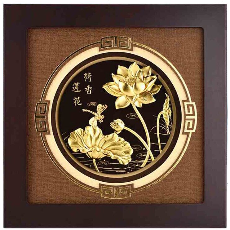 直销荷叶莲花立体金箔框画工艺品摆件 可摆可挂实木框沙发背景墙