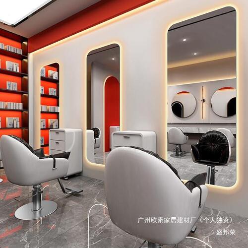 直销美发店镜子理发店镜台发廊专用网红带灯挂墙发光新款壁挂式剪