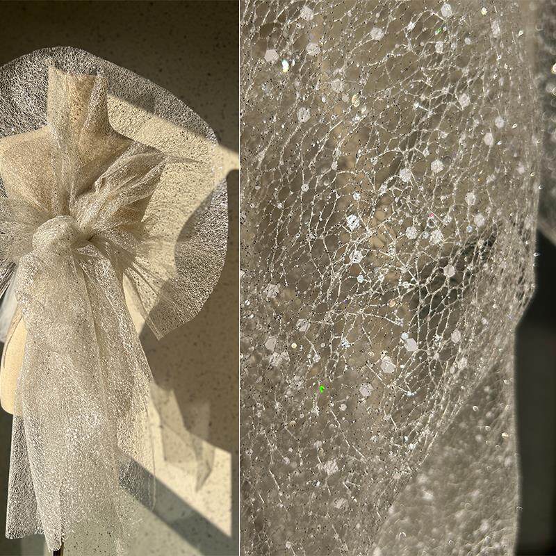 3D立体六角亮片烫金微硬细网纱设计面料婚庆布置婚纱礼服网眼布料