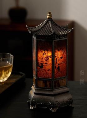 归鸿古篱岩石六方形灯茶室烛台气氛灯高级感茶桌摆件布置灯覆古香