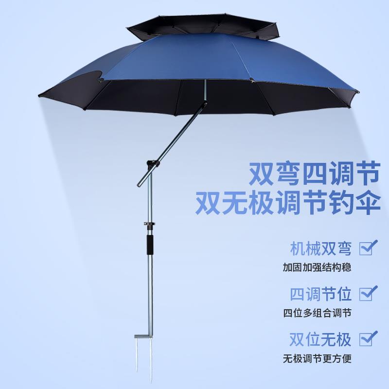 新型2024新款钓鱼伞双层遮阳专业双弯拐杖黑胶防晒防暴雨大渔钓伞
