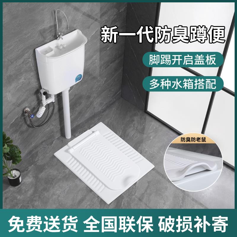带盖板蹲便器水箱整套家用小户型厕所陶瓷翻盖式大便器防臭加盖蹲