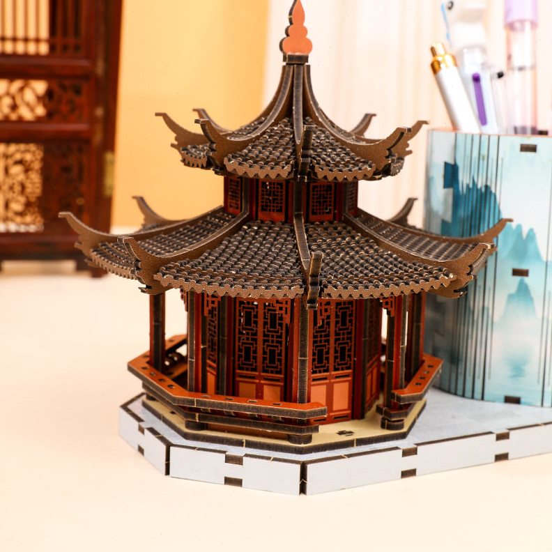直销3D立体国潮古风DIY木质拼接建筑八角亭笔筒组合精致拼装文创