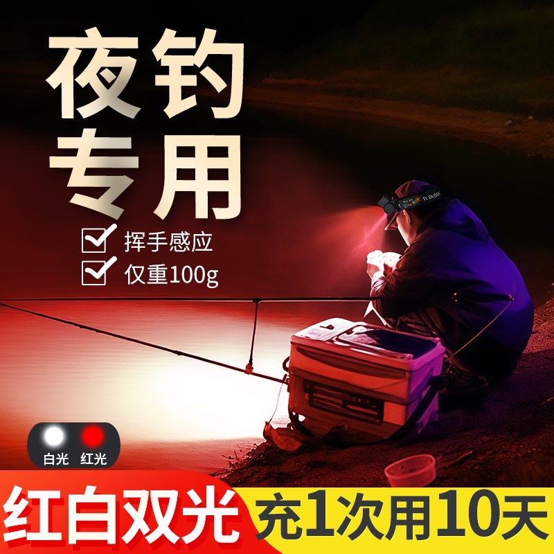 2025新款夜钓头灯钓鱼专用超长续航100小时红光驱蚊头戴式感应灯