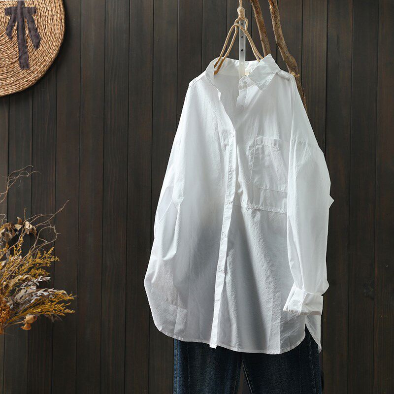 宽松大版a纯棉白衬衫女中长款长袖2024春装大码口袋高级感外穿衬