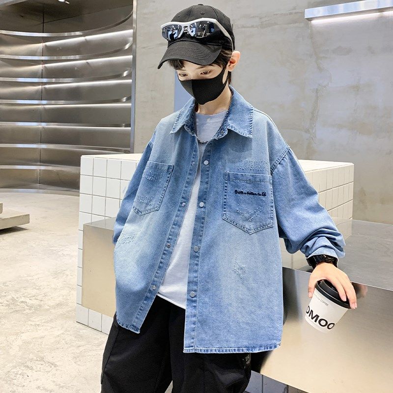 男童牛仔衬衫春秋款2025新款儿童春装大童春季衬衣长袖男孩潮帅气