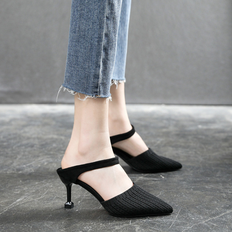 大码41-43凉鞋夏女加宽尖头黑色高跟鞋细跟包头半拖鞋U小码313233