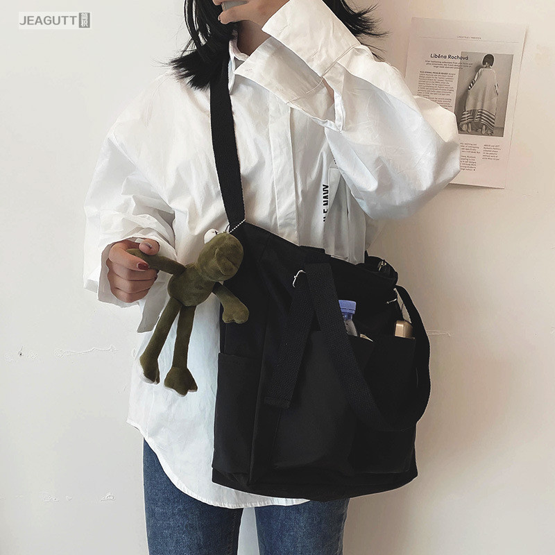 帆布包女单肩简约大学生上课中学生补课insO布袋包斜挎手提拎书袋