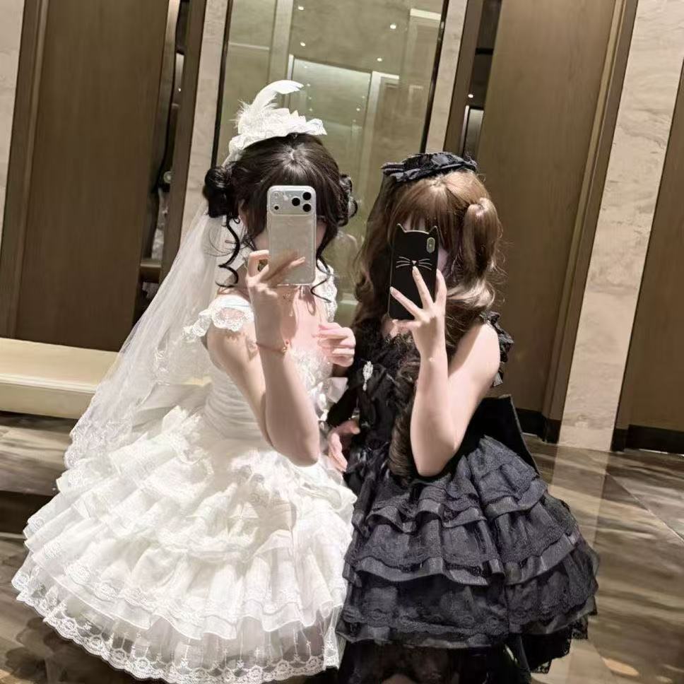 忘忧星馆Lolita原创设计黑暗天使洋装粉蓝花嫁jsk吊带洛丽塔裙子
