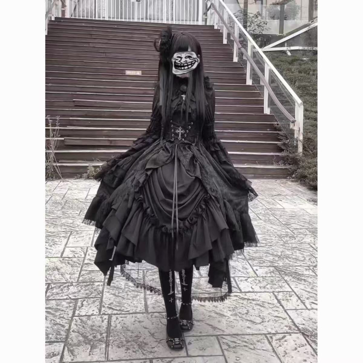 永生禁忌黑色哥特风姬袖腰封提拉裙洛丽塔lolita裙超华丽洋装套装