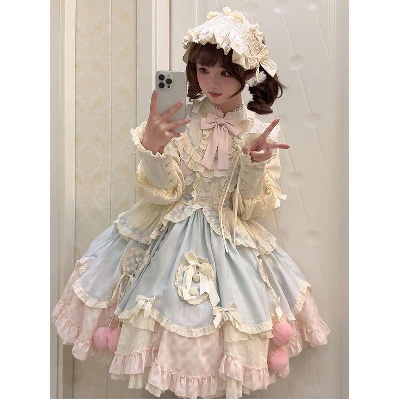 蓝粉可爱甜美长袖lolita裙短款OP公主裙在逃公主风连衣裙日常洋装图片