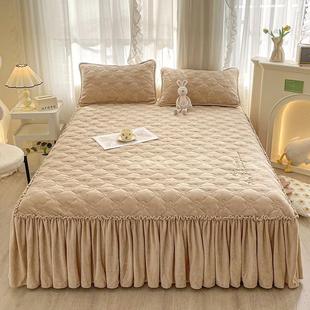 高档加厚牛奶绒夹棉床裙款 冬季 单件珊瑚绒床罩床单三件套防滑床盖