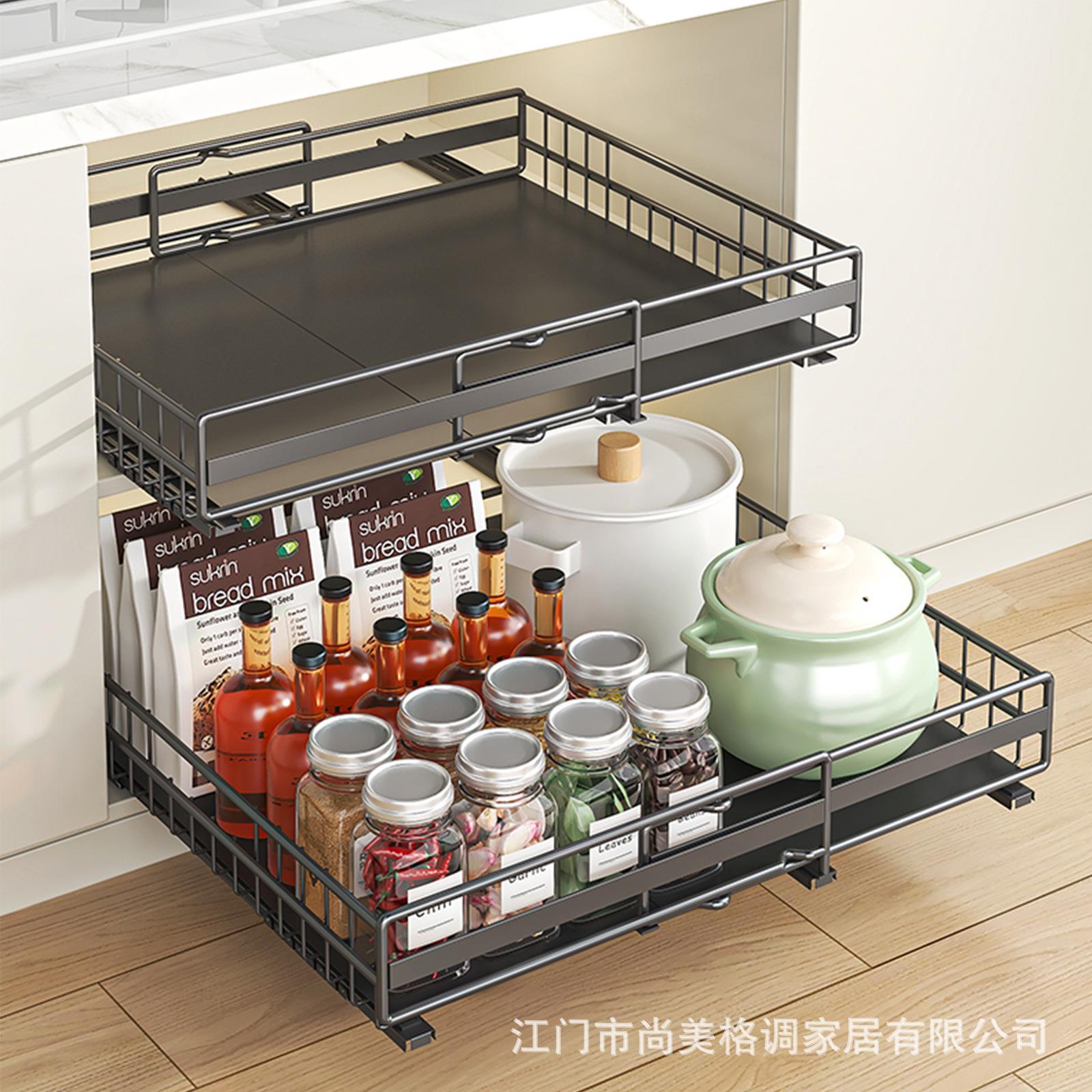 厨房可伸缩收纳架免打孔抽屉式锅具调料碗碟拉篮下水槽抽拉置物架