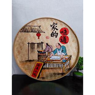 手绘竹编簸箕画饭店面馆装饰圆形挂件墙壁画创意个性墙面挂饰壁饰
