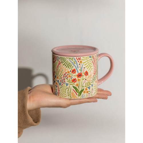 PiaJi 花卉马克杯女生陶瓷咖啡情侣杯带盖喝水杯家用早餐杯