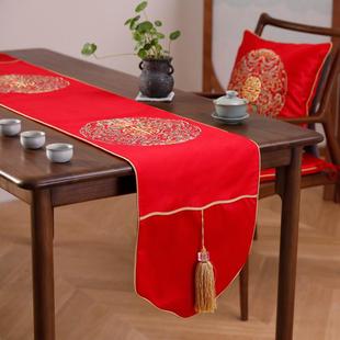 绣花餐桌红喜字桌旗中国禅宗茶几布婚礼中国风茶席桌布新中国风