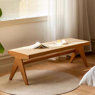 像素家俱昌迪加尔实木长条凳樱桃木卧室床尾凳藤编覆古餐桌长凳子