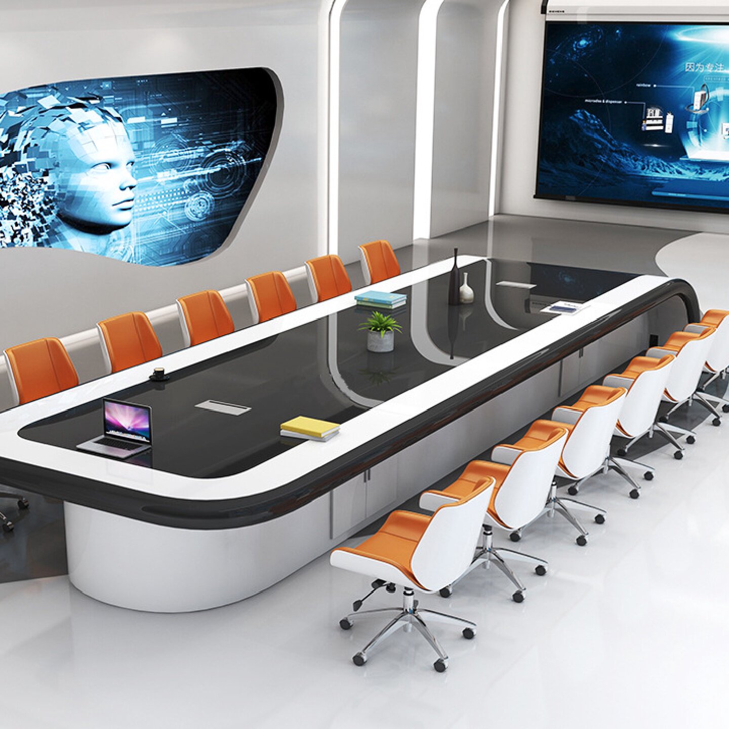 大型烤漆会议桌长桌现代简约现代白色创意会议室长条洽谈桌椅组合