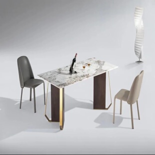 北欧简约家居小家庭尺寸现代不锈钢实木底坐彩晶石面板客厅餐桌
