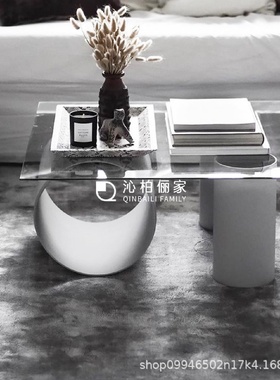 简约轻奢小户型客厅方形茶桌北欧极简设计师款几何钢化玻璃茶几