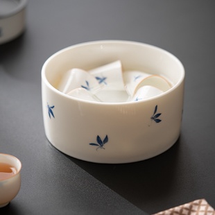 纯手绘蝴蝶兰白瓷茶洗陶瓷家用杯洗白瓷水盂洗茶杯盆茶具茶道配件