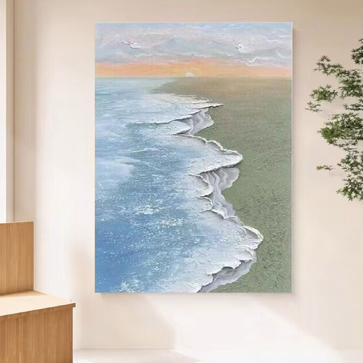 纯手绘油画海景日出客厅装饰画沙滩海浪肌理玄幻入户过道风景挂画