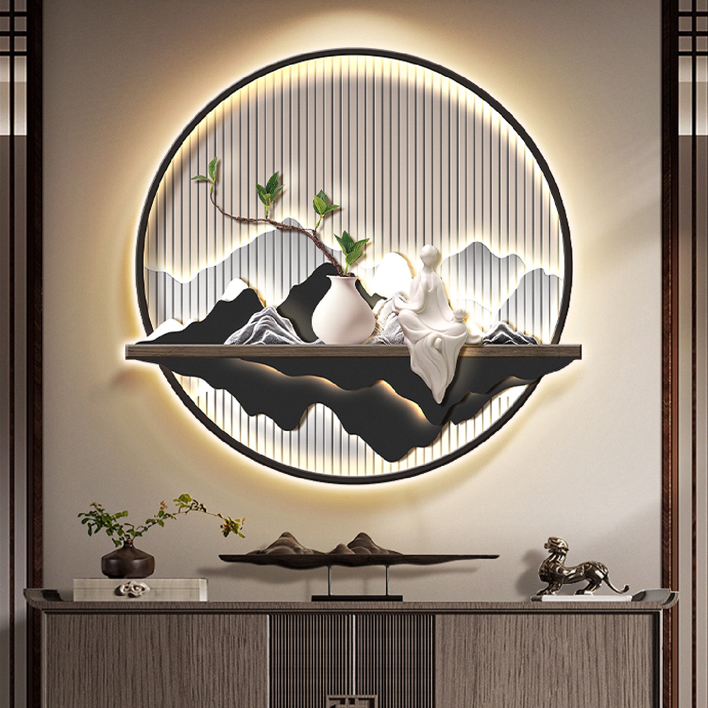 新中式山水走廊玄关装饰画禅意茶室背景墙挂件入户圆形发光壁画灯