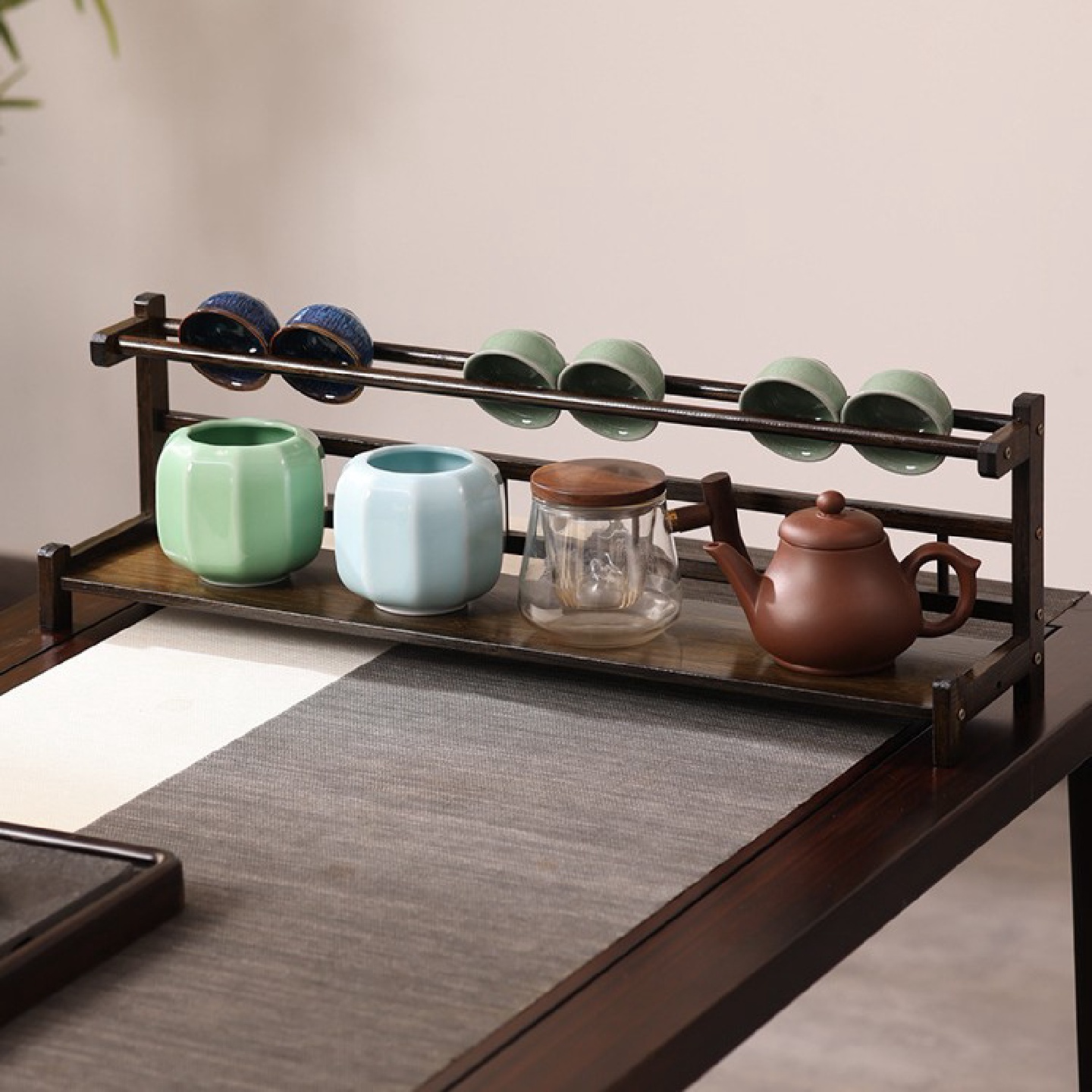 新中式茶杯架复古摆放茶壶多层桌面置物收纳架梯形茶具展示收纳架