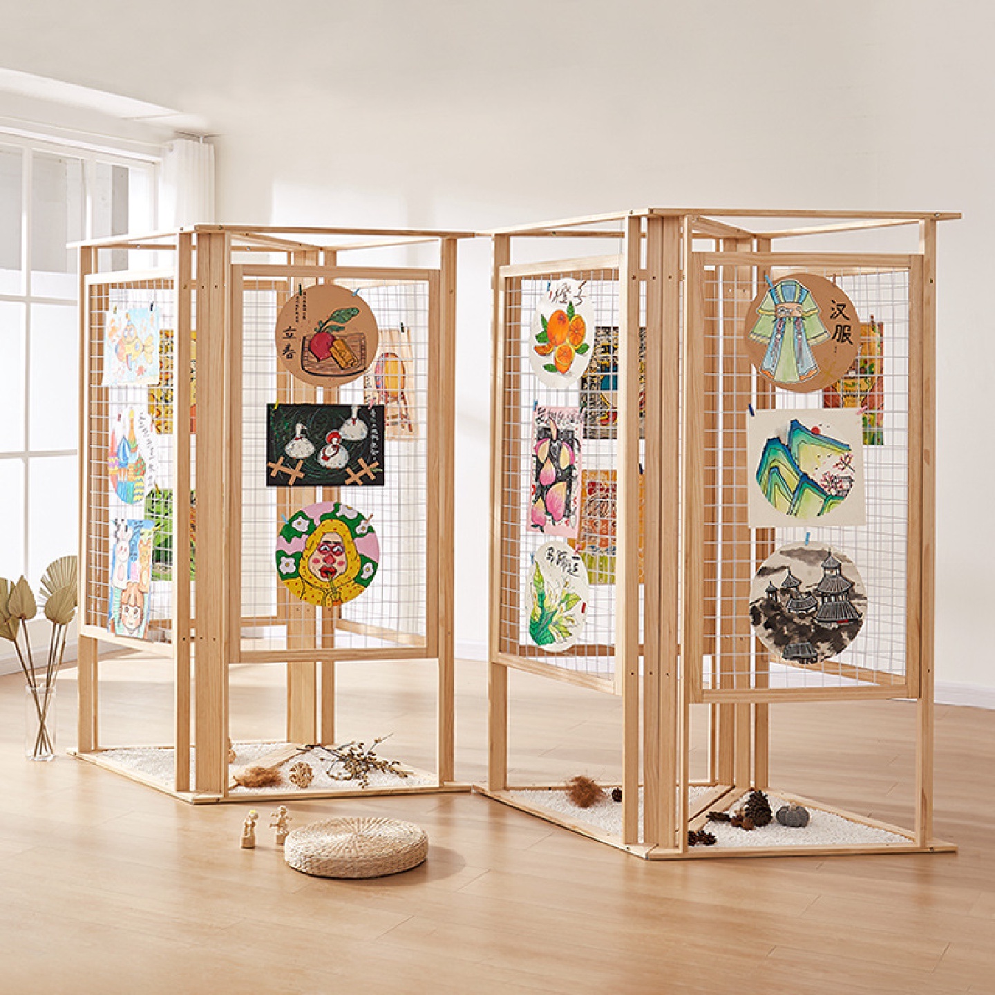 屏风隔断折叠移动屏风网格展示架幼儿园画展展会书法作品展架落地