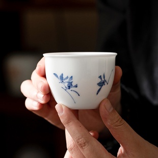 高端家用办公室茶盏 纯手绘蝴蝶兰茶杯陶瓷缸杯主人杯个人专用男士