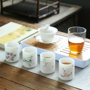 德化羊脂玉白瓷手绘功夫泡茶杯单个家用品茗杯梅兰竹菊茶杯男女款