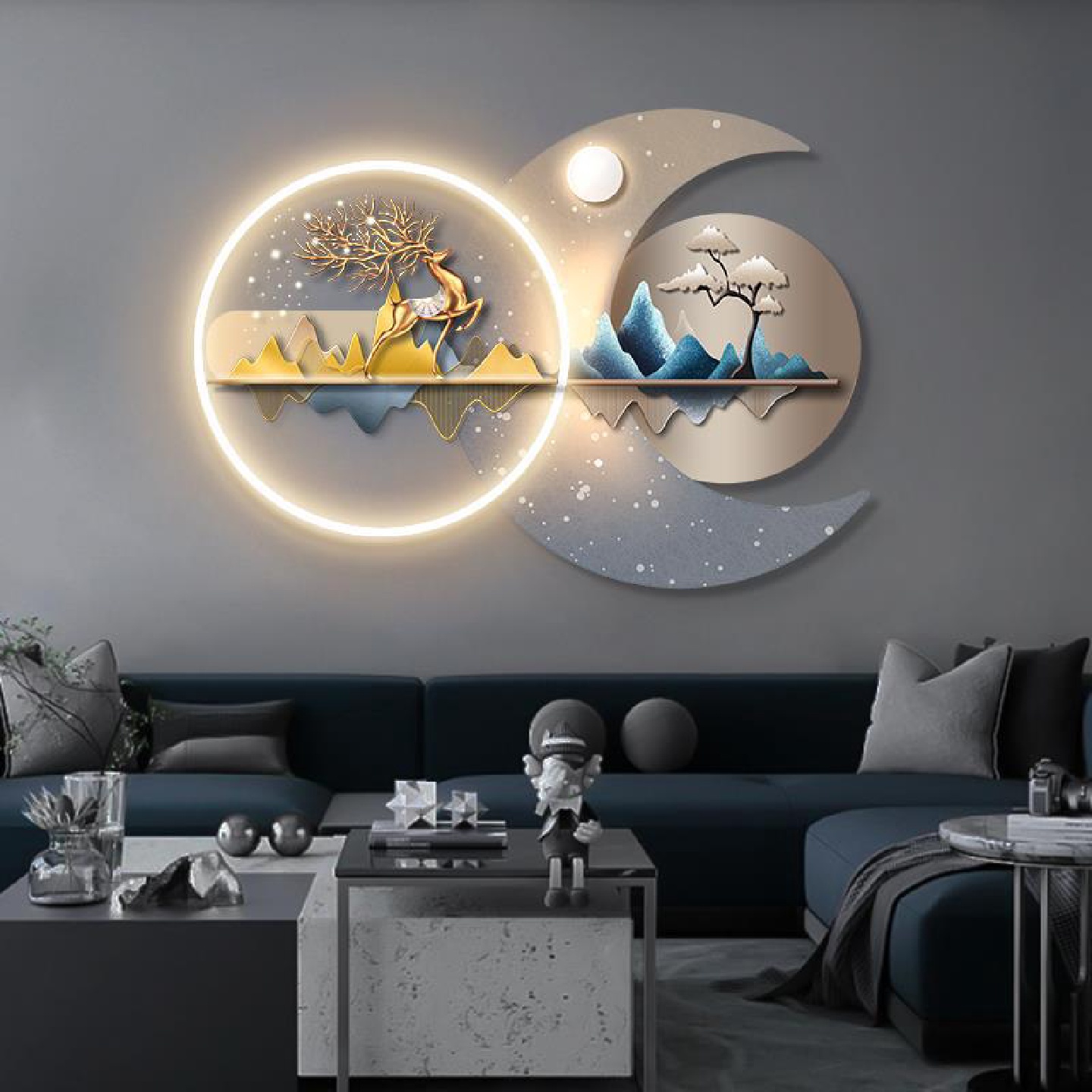 福鹿客厅装饰画餐厅轻奢led灯沙发背景墙面挂画创意立体壁饰摆件图片