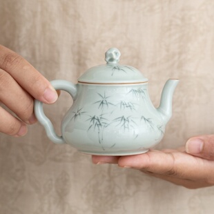泡茶家用潘盘迷你小茶壶一人过滤茶壶 仿古青手绘竹韵茶壶茶具套装