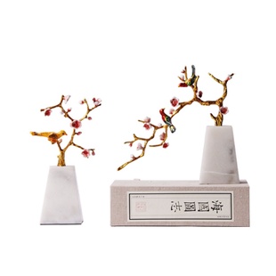 现代金属大理石珐琅彩梅花花枝小鸟摆件客厅茶几装 创意新中式 饰品