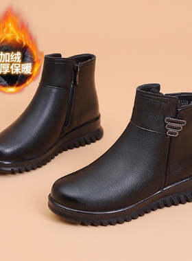 女士短靴加绒加厚棉鞋皮鞋防水户外软底防滑妈妈鞋中老年棉鞋10-1