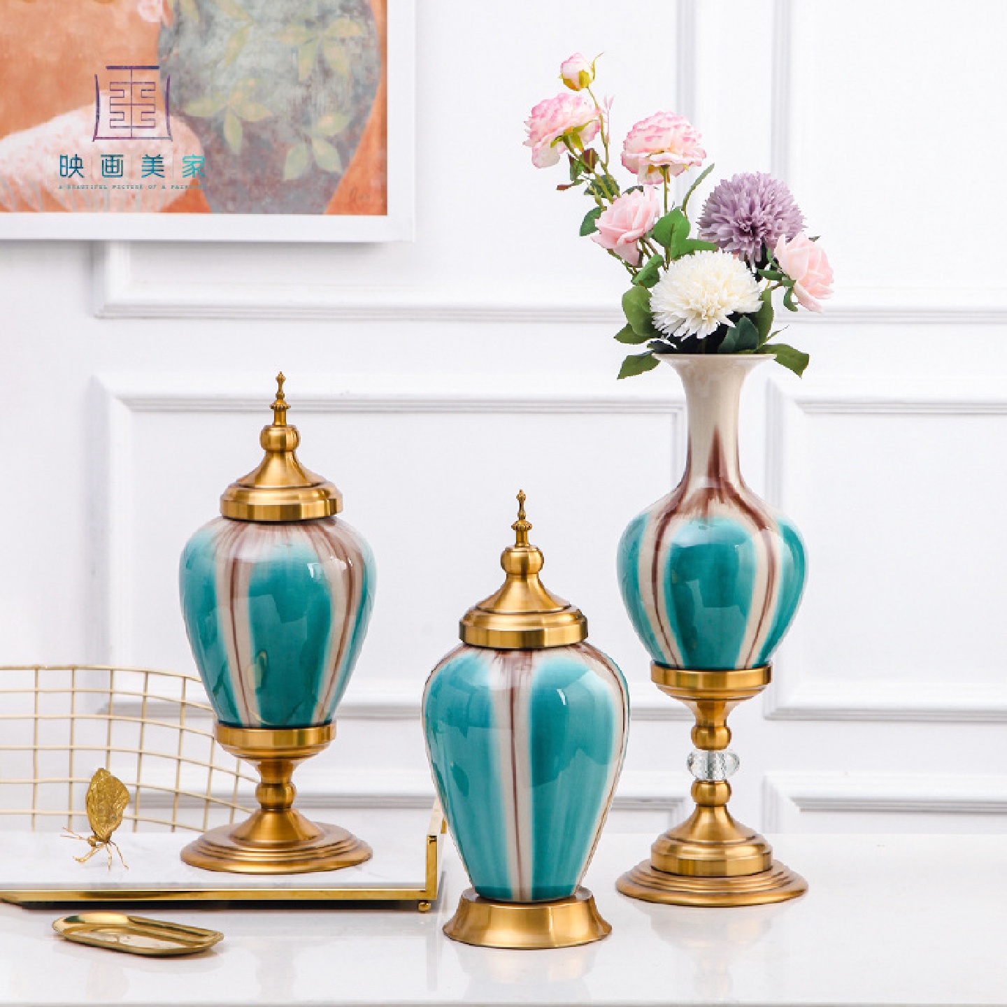 现代轻奢时尚陶瓷花瓶欧式客厅装饰品铜配摆件样板房软装手工花器