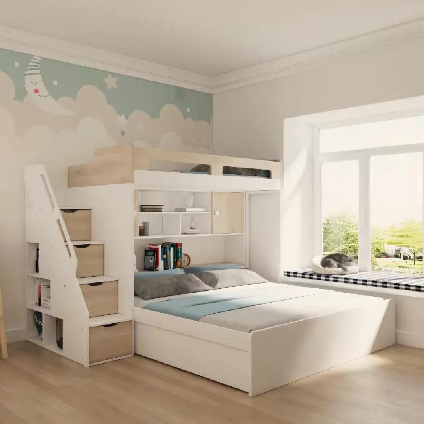 歌雷家具原木简约儿童家具现代上下子母床交错组合带书桌衣柜床