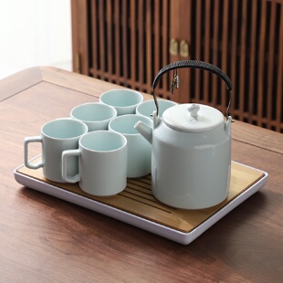 纯色日式 陶瓷奶油风云峰提梁壶茶具套装 简约大容量茶壶防烫杯